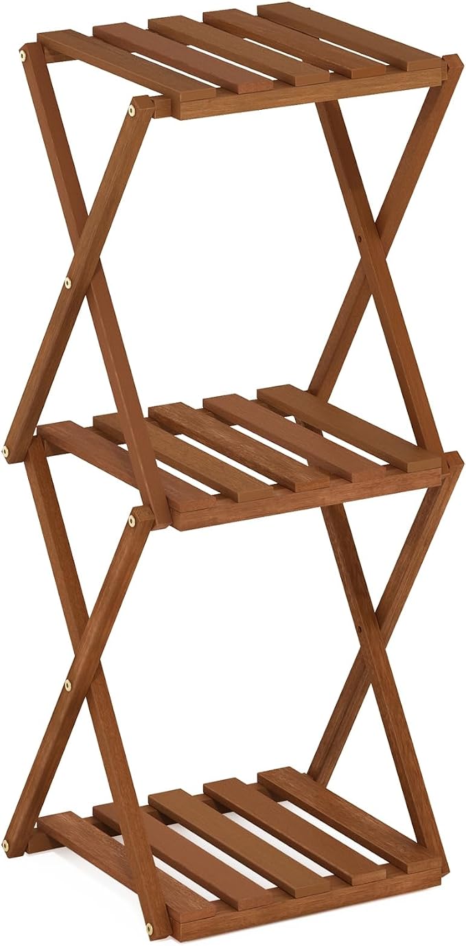 Furinno TIOMAN Patio Table, 3-Tier Outdoor Side Table, Toolless Multipurpose Folding Display Shelf, Plant Stand, for Patio, Garden, Porch, Light Wood