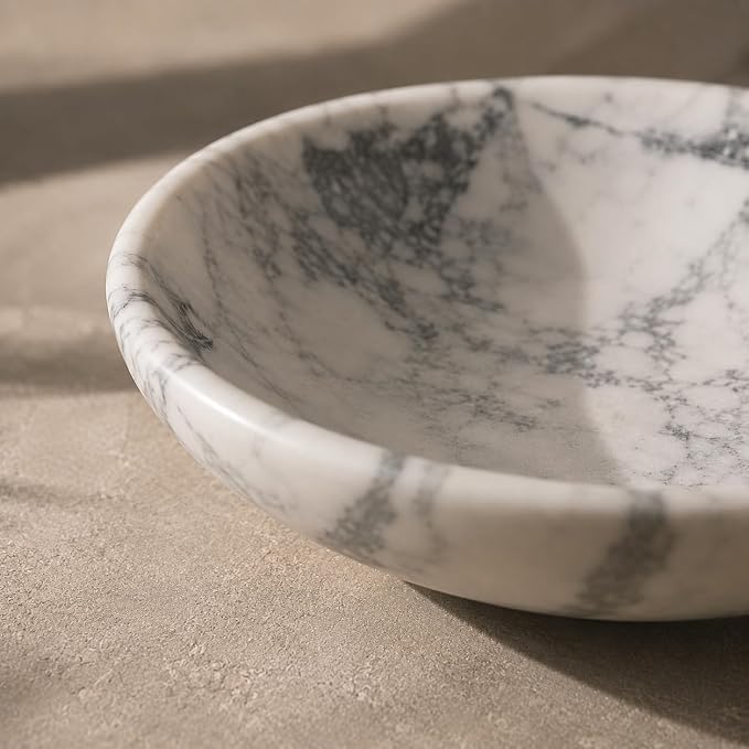 Marble Decorative Bowl Large White, Handcrafted Natural White-Grey Stone Bowl for Home Decor, 11" Large Entryway Bowl for Key, Coffee Table Bowl, Marble Fruit Bowl for Centerpiece