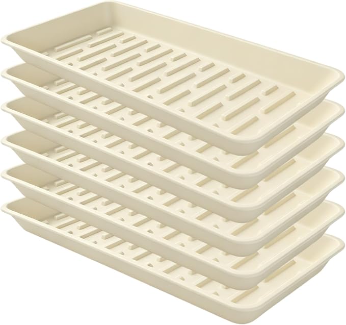 6 Pack Plastic Plant Trays Rectangular 14 Inch, Indoor Outdoor Plant Saucers with Drip Protection, Windowsill Planter Tray, 7 x 14.5 Inches, Beige