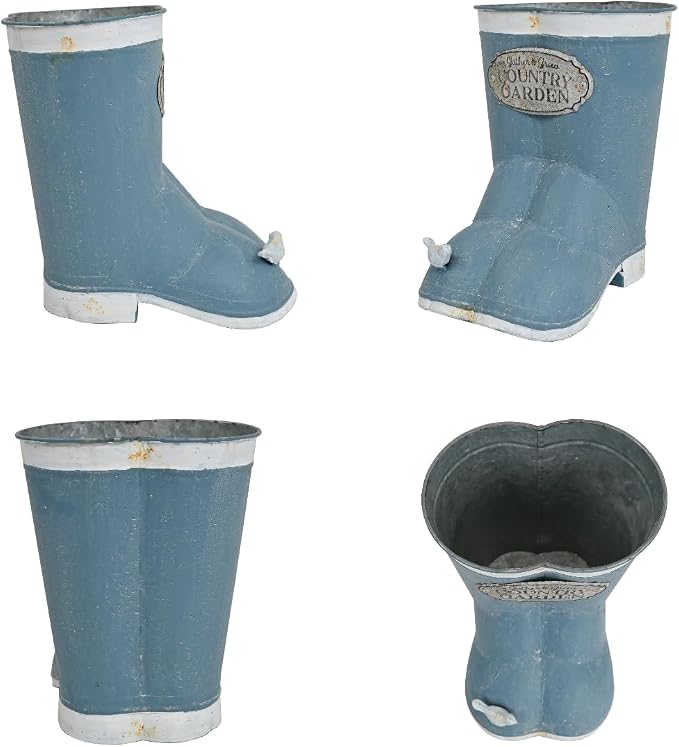 Vintage Blue Rain Boot Planter, Country Garden Metal Boot Flower Pot, Rustic Farmhouse Decorative Planter for Indoor Outdoor Succulents, Herbs, Garden & Porch Decor
