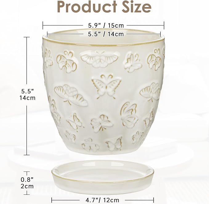Hollyone 6 Inch White Ceramic Planter Flower Plant Pot with Drainage Hole and Saucer for Plants Embossed Indoor Outdoor Garden Embossed Ceramic Glazed Round Pot for Succulent Orchid Butterfly Pattern