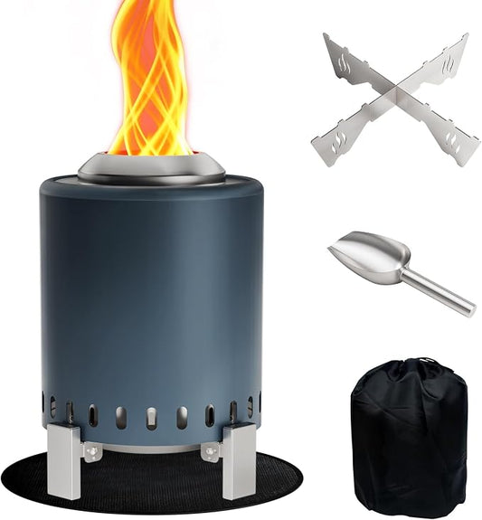 Mini Smokeless 7 Inch Tabletop Fire Pit with Pan Stand and Insulation Mat, Portable Stainless Steel Fire Pit for Camping, Patio Tabletop Firepit, Burns Wood or Pellets, Travel Bag Included, Blue