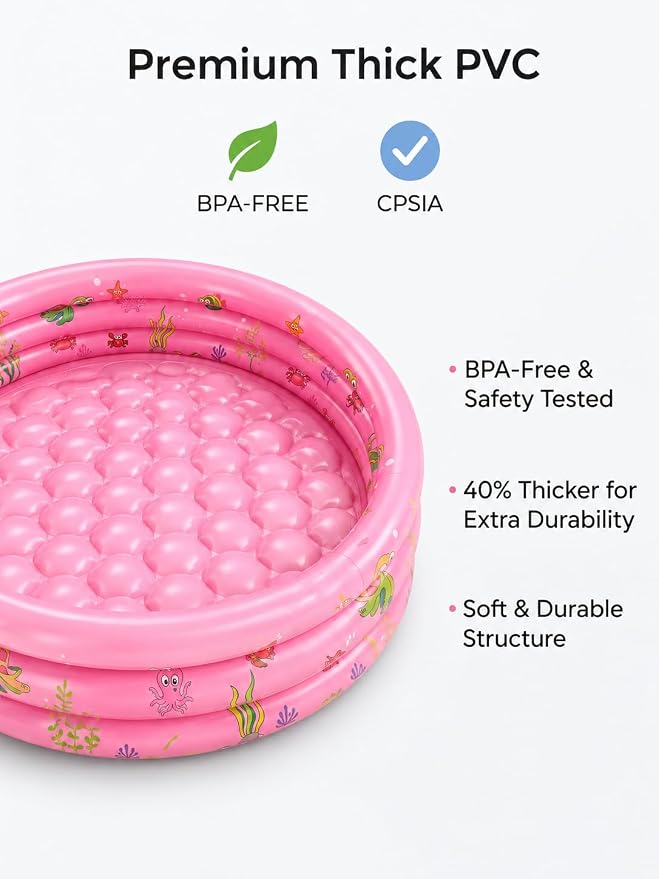 48"*12" Kiddie Pool for Toddler with Bubble Bottom, Pink | Inflatable Baby Pool with Drain Plug, Kids Pool for Summer Play, Flodable,Beach, Backyard, Indoor Ball Pit Play