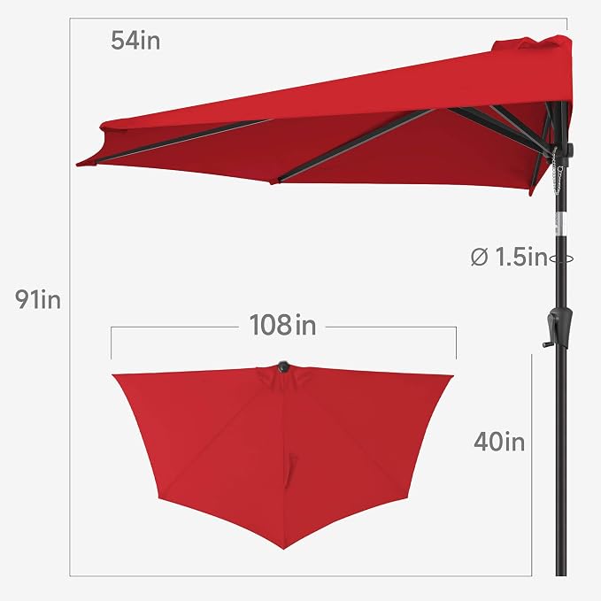 9FT Half Umbrellas Outdoor - Half Patio Umbrella with Tilt, UV Protection Waterprool, Half Round Umbrella for Wall Balcony, Pool, Porch, Garden, Deck, Backyard (Red)
