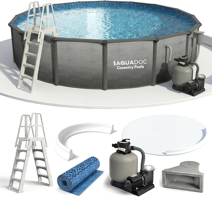 AquaDoc Coventry Round Steel Wall Above Ground Pool Kit 15' x 52" | Elite Package in Pewter Gray Finish - Sand Filter, Ladder, Skimmer, 25 Gauge Liner, Floor Pad and Cove, Made in North America