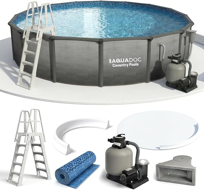 AquaDoc Coventry Round Steel Wall Above Ground Pool Kit 18' x 52" | Elite Package in Pewter Gray Finish - Sand Filter, Ladder, Skimmer, 25 Gauge Liner, Floor Pad and Cove, Made in North America