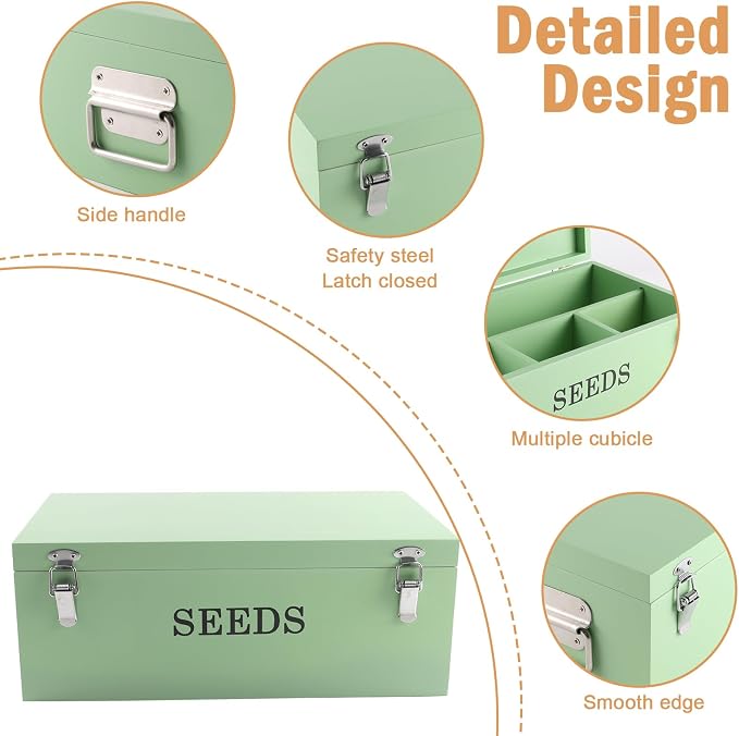 Seed Storage Organizer with 2 Dividers,Wooden Seed Saving Box with Lid, Seeds Bin Storage Container Kit with 2 Pens,12 Slots and 50 Seeds Envelopes, Perfect for Flower Plants Garden