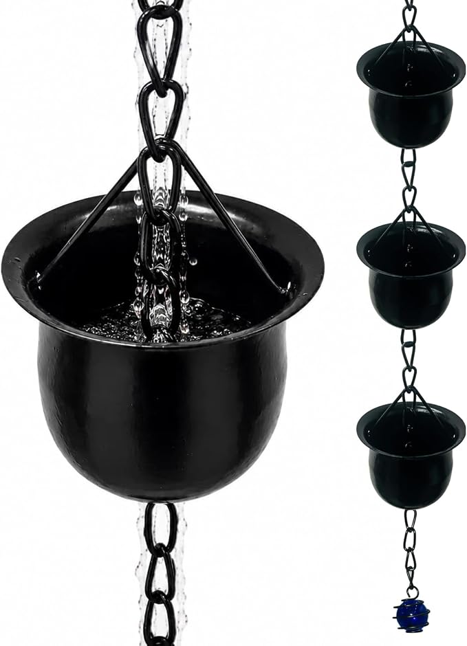 9.5FT Black Barrel-Shaped Rain Chain Durable Downspout Replacement | Rust-Resistant Metal Build, Bucket-Style Rain Water Catcher, Replaces Gutter Downspouts, Durable Outdoor Garden Yard Decor