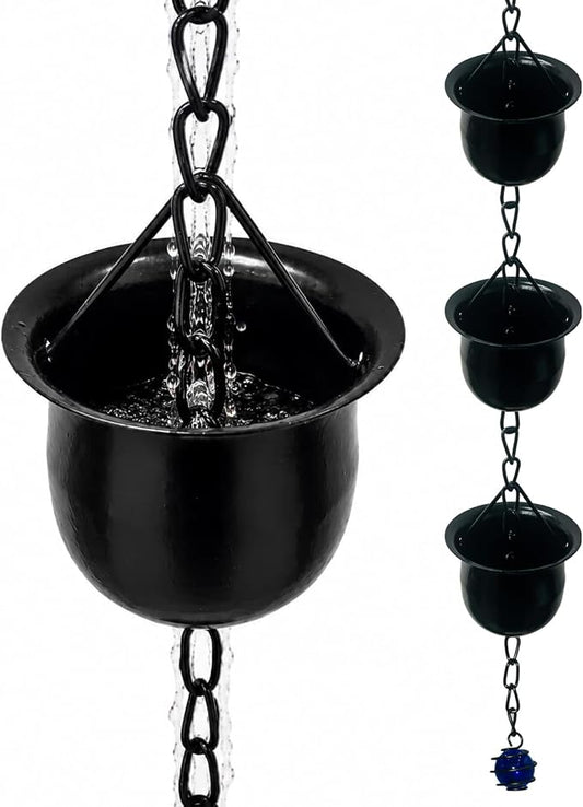 9.5FT Black Barrel-Shaped Rain Chain Durable Downspout Replacement | Rust-Resistant Metal Build, Bucket-Style Rain Water Catcher, Replaces Gutter Downspouts, Durable Outdoor Garden Yard Decor