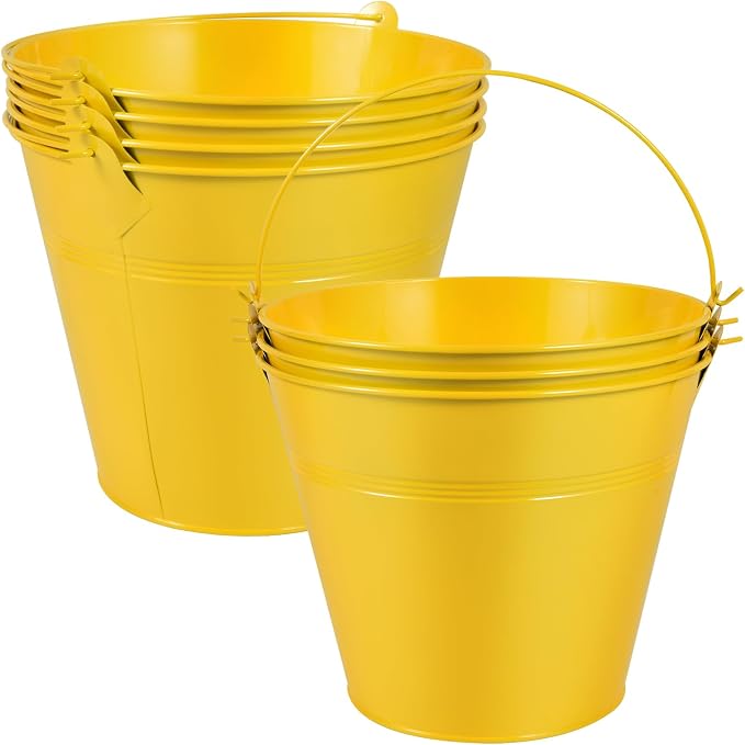 OBTANIM 7 Pack Yellow Metal Buckets with Handle Galvanized Ice Pails for Plants, Succulents, Party Favors Organizing, Rustic Home Decor or Classrooms Pencil Storage (9.1 x 6.7 inch)