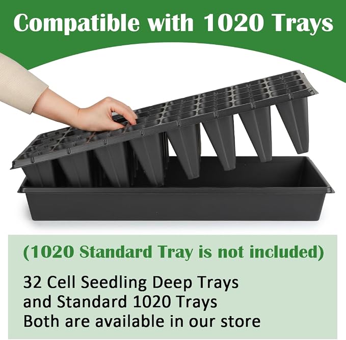 RooTrimmer 10 Pack 32 Cell Seed Starter Trays - Extra Deep 4.33" Plastic Nursery Trays, 20" x 10"，Fits Standard 1020 Flats