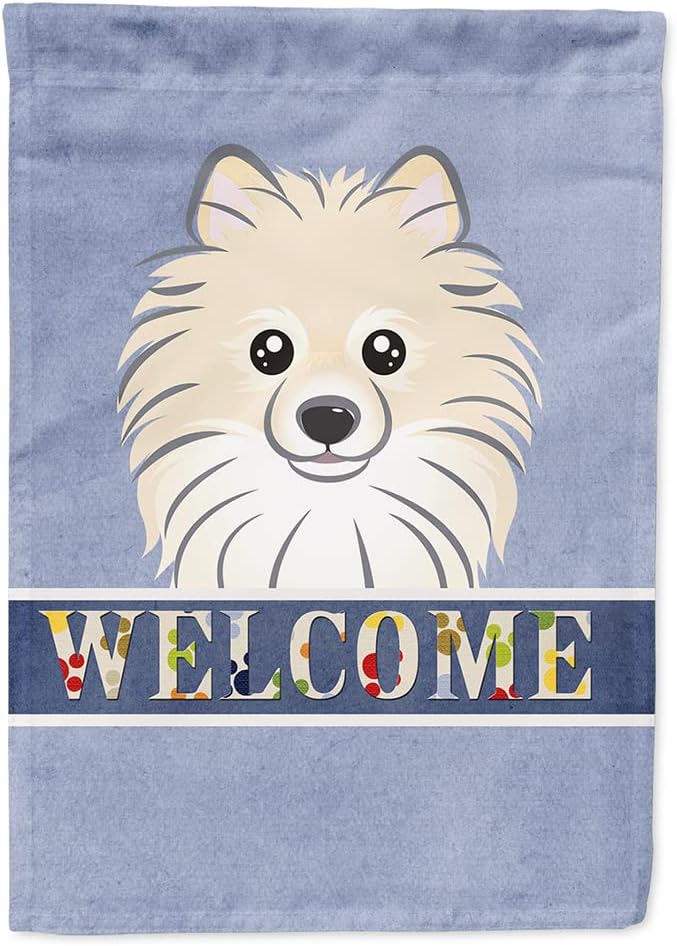 Caroline's Treasures BB1393CHF Pomeranian Welcome House Flag, Blue Large Porch Sleeve Pole Decorative Outside Yard Banner Artwork Wall Hanging, Polyester, House Size, Multicolor