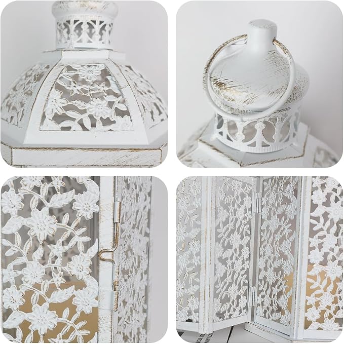 Lanterns Decorative Outdoor&Indoor, Set of 2 (15"&7") White Metal Lantern Decor, Candle Holder for Porch, Patio, Christmas, Balcony, Wedding, Table Centerpiece