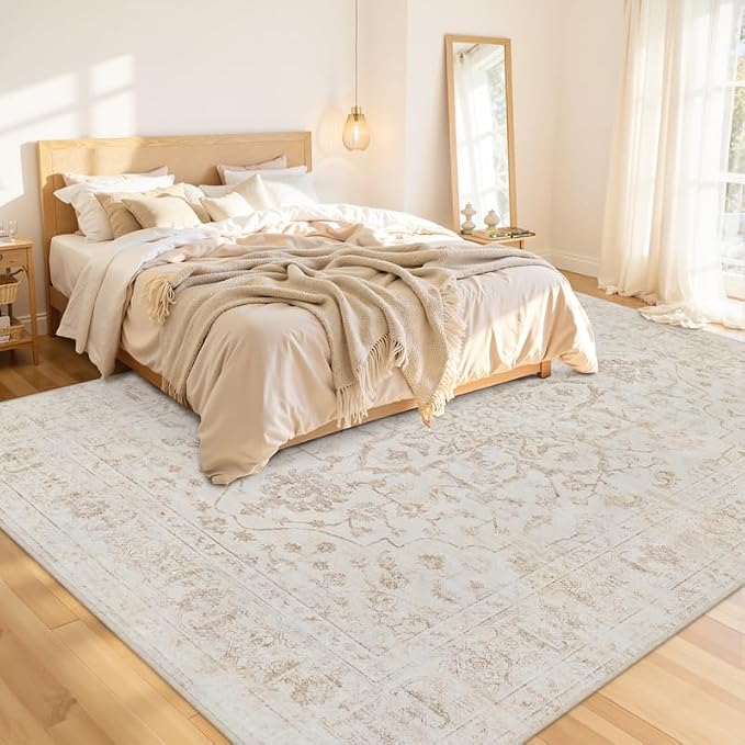 10x12 Area Rugs Living Room: Bedroom Washable Carpet Warm Beige | Vintage Boho Soft Small Indoor Decor Floor Non-Slip Low Pile Neutral Farmhouse Entryway Laundry Bathroom Bedroom Beside Rugs