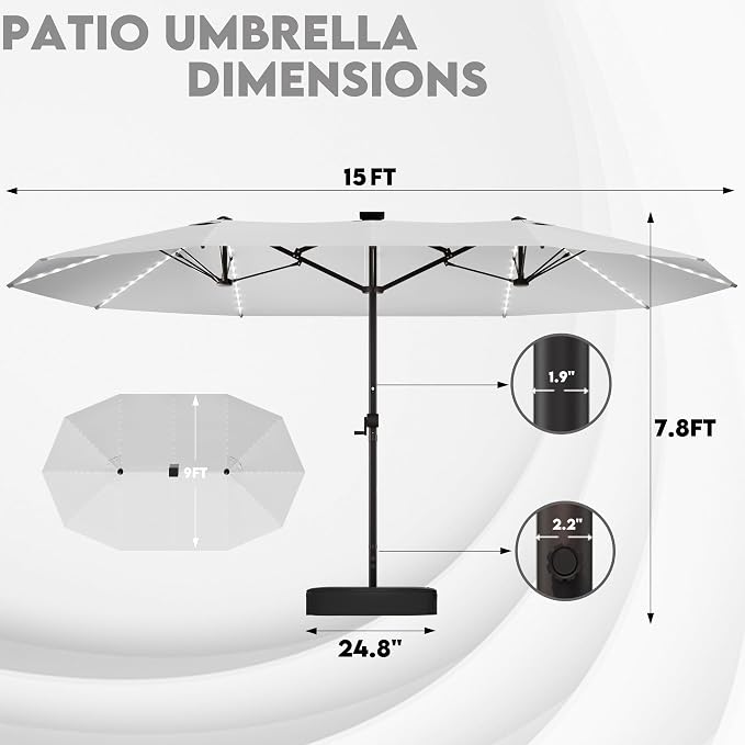 GDPFN 15ft Rectangular Patio Umbrella with Solar LED Lights, Double-Sided Outdoor Market Umbrella with Base Included, Extra Large Shade for Pool, Deck, Backyard, Garden, Light Gray