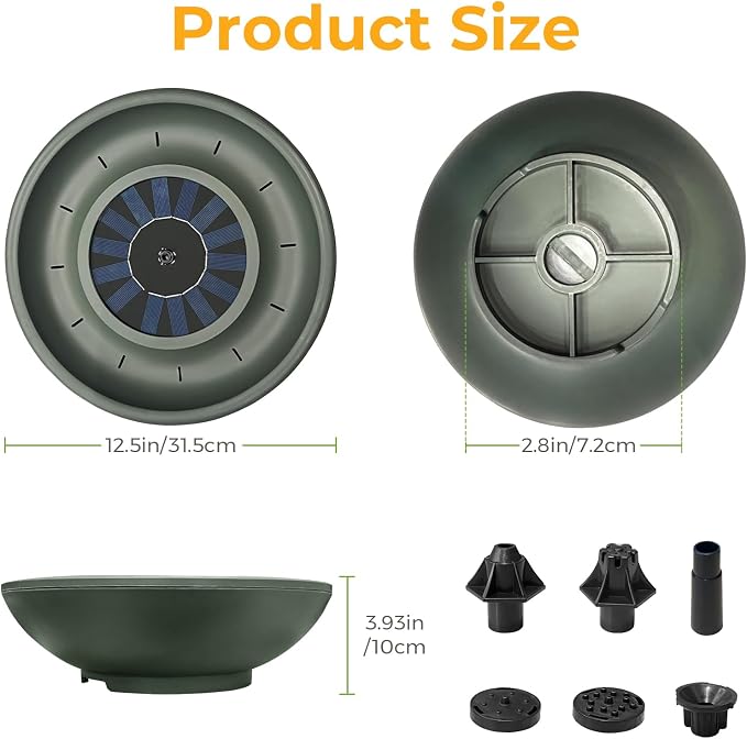 Solar Fountain Bird Bath for Outside, 12.5" Outdoor Green Birdbath Bowl Fountain with 6 Nozzles Freestanding Ground Bird Playing Bowl for Garden/Patio/Yard/Balconies and Lawns Decor