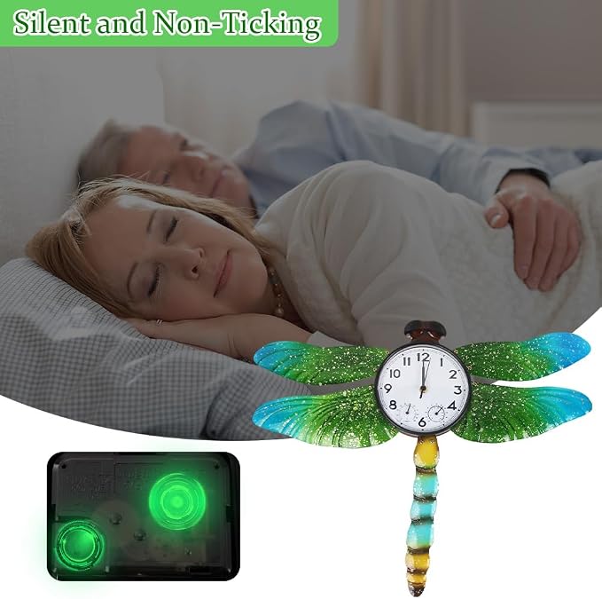 Unique Outdoor Clock Silent None-Ticking, Outdoor Wall Clock with Thermometer & Humidity, Waterproof Outside Clock for Patio, Living Room, Kitchen (Green Dragonfly)