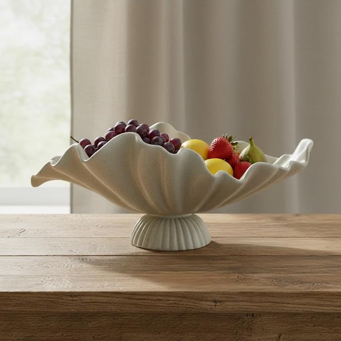 16" Large Decorative Bowl decor, Modern Home Decoration Scallop Bowl,Fashion Key Bowl for Entrance Table, Decorative Fruit Bowl for Kitchen Counter, Ruffle Decor, With Base, Light Gray