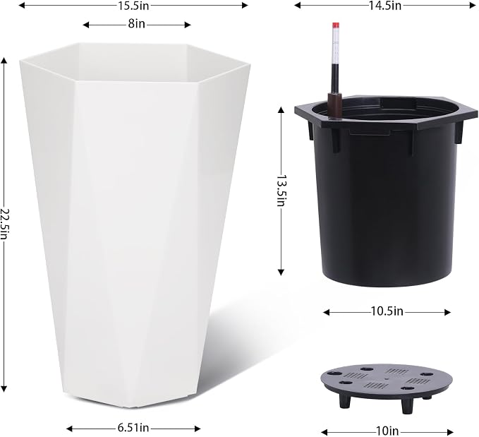Set of 2 Tall Planters for Outdoor Plants, 22.5" Large Planter Pots with Drainage Holes & Water Level Monitor, Self-Watering Flower Pots for Patio, Porch, Garden, Front Door Decor, Indoor Outdoor
