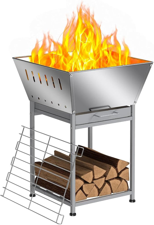 24" Fire Pit with Wood Storage, Fire Pits for Outside Wood Burning, Silver | Premium Stainless Steel, Low-Smoke Design, Removable Ash Tray, Heat-Proof Handles, for Grilling, Heating & Firewood Storage
