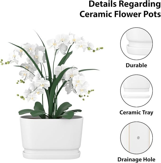 8.9" Rectangular Ceramic Planter with Drainage and Saucer, White | Indoor Outdoor Use, 8.9"L x 4.5"W x 5.3"H, Modern Home Decor, Window Box Planter, Matte White