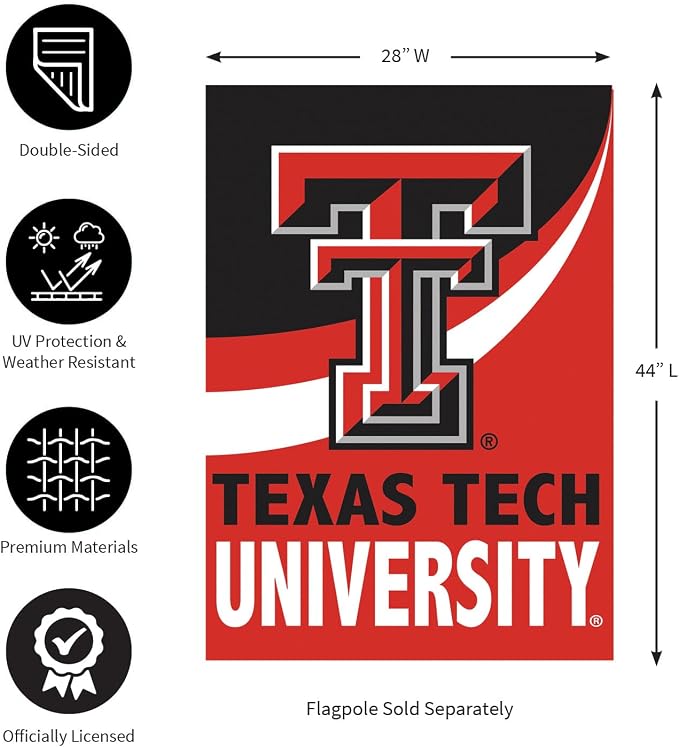 NCAA Texas Tech University House Flag, 28 x 44, Double Sided Garden Flags for Outside, Outdoor College Flags & Banners for Gardens Patio, Indoor Wall Decor Flag for Room