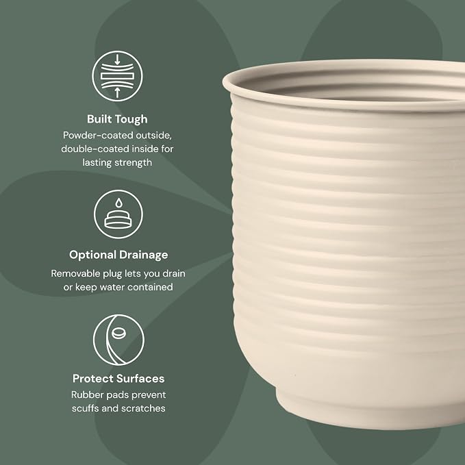 Bloem Grove Indoor Metal Cachepot Set - Includes 6", 8", 10" and 12" Decorative Planters with Powder-Coated Finish, Removable Drain Plugs, Cream