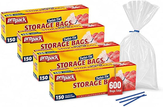 1 Gallon Storage Bags with Twist Ties, 600 Count - Clear Plastic Food Storage Bags for Sandwiches, Snacks, Fruit, Produce & Freezer