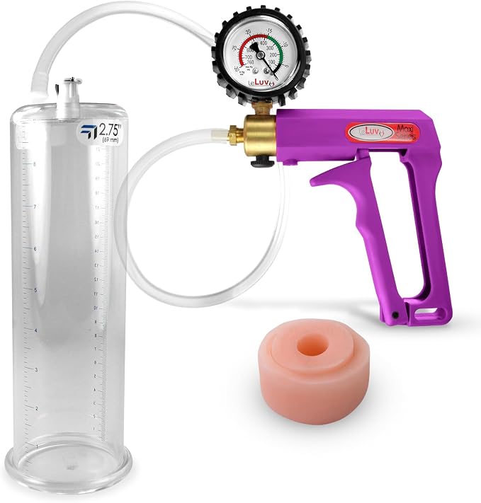 LeLuv Maxi Penis Pump - Purple Handle + Clear Hose, Protected Gauge - Bundle with Silicone Donut Seal - 9" Length x 2.75" Diameter Round-Flange Cylinder