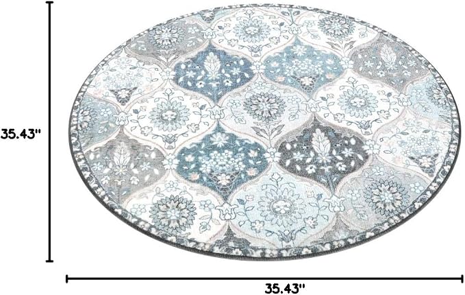 Lahome Moroccan Washable Round Rug, Soft Vintage Small Round Rug 3ft | Non-Slip Ultra-Thin Distress Circle Carpet for Entryway Bathroom Bedroom Kitchen Elise, Blue
