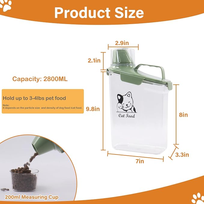 Cat Food Storage Container Airtight |3 Qt/2.8 L Clear Plastic Cat Food Treats Container with Measuring Cup/Pour Spout|Hold up to 3.8 lbs Pet Food|Portable Food box for Travel| BPA Free-green