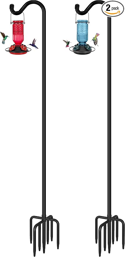 FEED GARDEN Adjustable Shepherd Hook Bird Feeder Pole with 7 Prongs Base, 108 Inch Tall 5/8 Inch Thick, Heavy Duty Outdoor Garden Poles for Hanging Bird Feeders, Plant Baskets, Black (2 Pack)