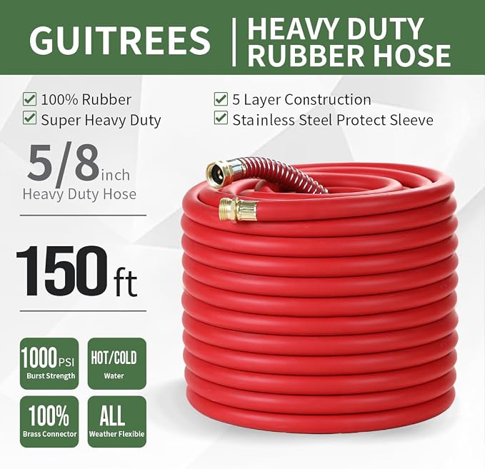 Guitrees 150FT 5/8 Heavy Duty Rubber Garden Hose - 300psi Working, 1000psi Burst - Hot/Cold Water - Five-Layered Braiding for Durability - Versatile for Gardening, Agriculture, Construction(Red)