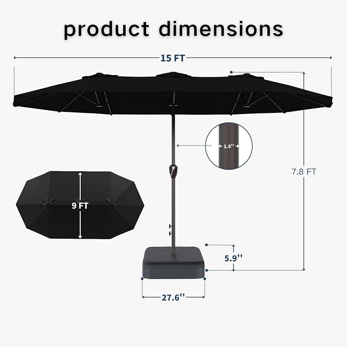 Kingdura 15ft Large Patio Umbrella with Base Included, Double-Sided Rectangle Outdoor Table Umbrella with 12 Reinforced Ribs, Crank Lift for Market Pool Deck Backyard, Black
