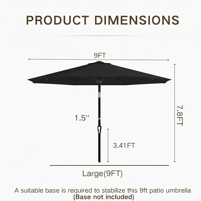 Kingdura 9FT Outdoor Patio Umbrella with Solar Lights, Market Table Umbrella with Push Button Tilt & Crank, 8 Sturdy Ribs, 32 LED Lights, UV Protection for Garden Lawn Deck Backyard Pool (Black)