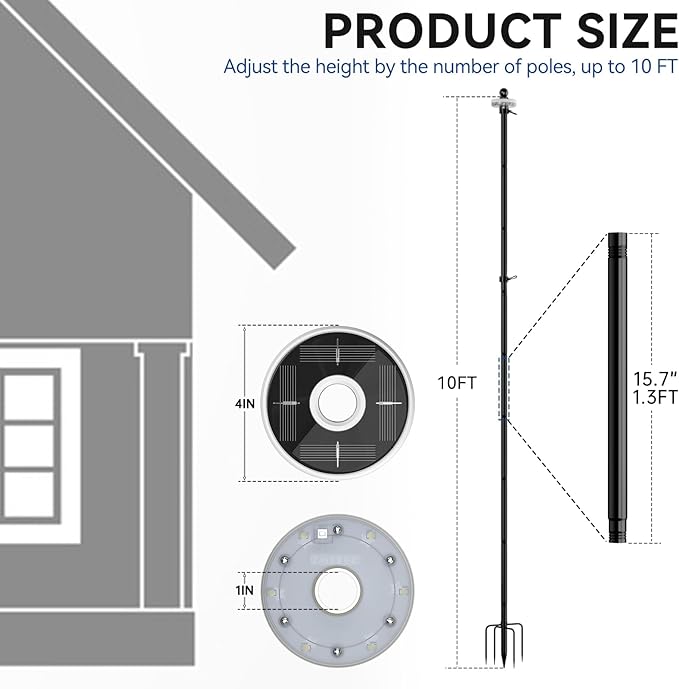 ZMTECH 1 Pack 10 FT Flag Pole with American Flag & Solar Light in Ground,Extra Thick Flag Pole Kit for Yard,Windproof Ground Flag Poles for Outside House Residential or Commercial