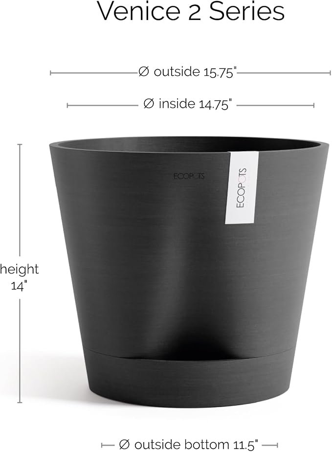 Ecopots Venice 2 Durable Modern Round Indoor/Outdoor Recycled-Based Composite Flower Pot Planter w/Water Reservoir, Dark Grey, 16"