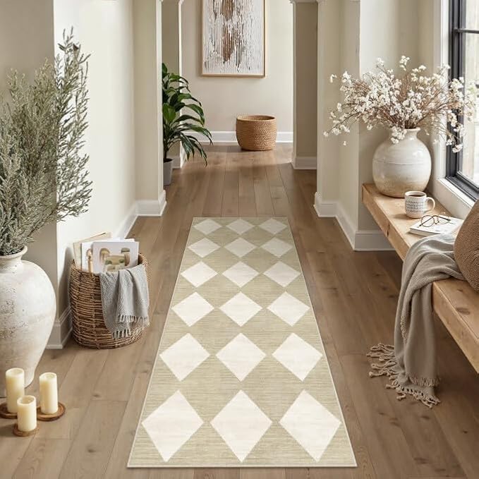 2x6 Washable Runner Rug Kitchen Beige Non Slip Checkered Carpet | Soft, Low Pile, Easy Clean, Diamond Pattern for Hallway, Entryway, Laundry Room, Bathroom, Modern Neutral Decor