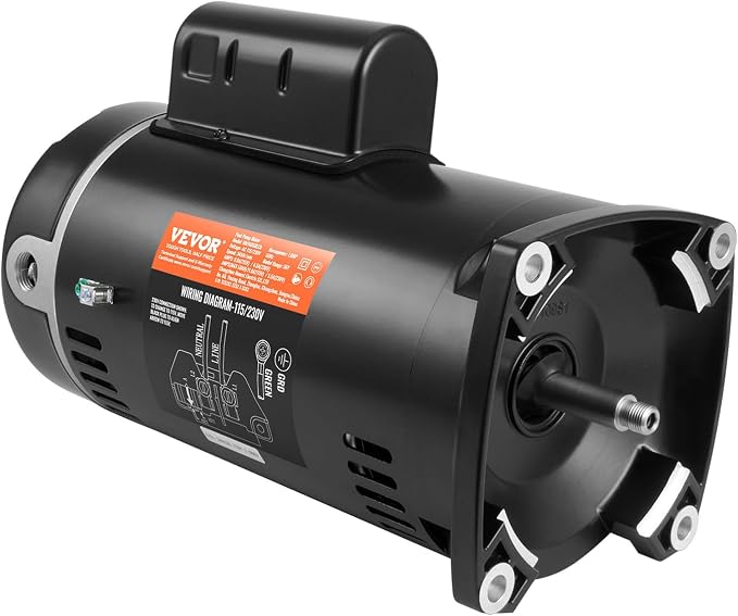 VEVOR 1 HP Pool Pump Motor, 3450 RPM High Speed, 115V (9.0 Amps) / 230V (4.5 Amps), 90μF/250V Capacitor, 1.25 SF, CCW Rotation, 56Y Square Flange Replacement Motor for Swimming Pools, Spa Centers