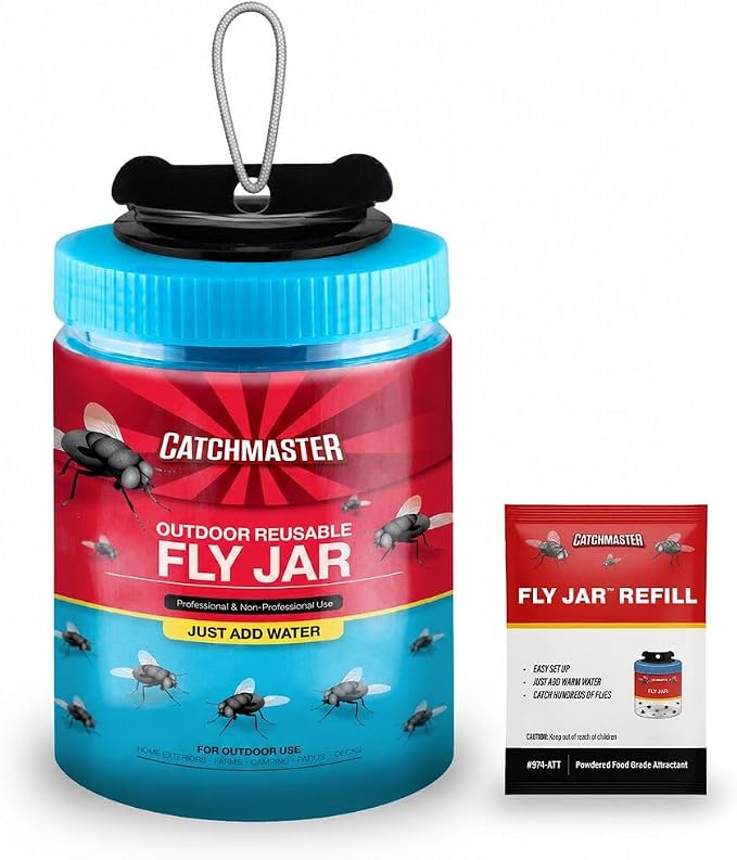 Catchmaster Reusable Outdoor Fly Trap, 1 Hanging Blue Jar with Bait | Catches All Species of Fly, Fly Traps Outdoor w/ Food-based lure, Odor Attracts Flies Away From People, Refill & Reuse
