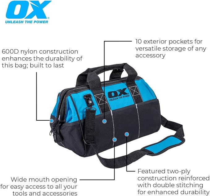 OX Pro 15-Inch Wide Mouth Tool Bag with Shoulder Strap Heavy Duty PVC Nylon with Reinforced Stitching - Bulto Para Herramientas