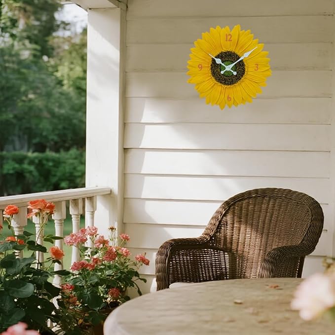 Outdoor Wall Clock for Garden, Patio and Deck, Sunflower 12in Garden Clock Waterproof Clocks -Not Silent (Sunflower)
