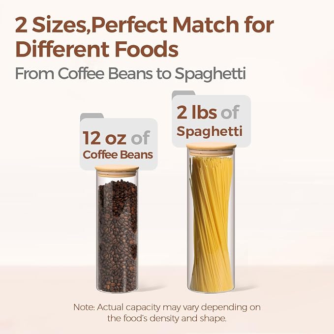 ComSaf Pasta Containers Storage 2 Qt/1.1Qt, 6 Pack Tall Glass Spaghetti Jar | Tall Glass Jar, BPA Free, Glass Storage Containers wtih Lids, Noodles, Cereal, Oats, Dry Food Storage, Pantry Pasta Holder