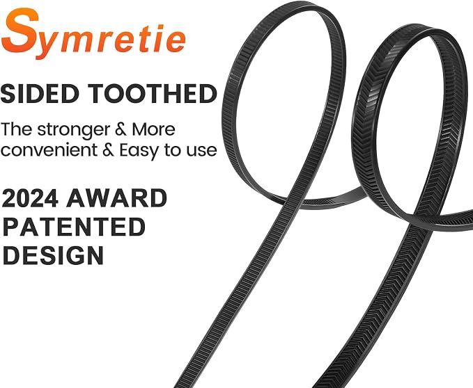 12"─-shaped & V-shaped double-sided tooth zip ties black. ─: 100lbs, V: 200lbs tensile strength. Heavy-duty, self-locking, adjustable, durable nylon ties for indoor/outdoor use. (40V+60─)
