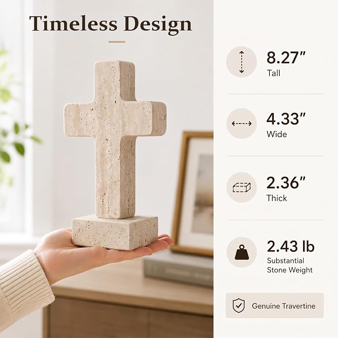 Natural Travertine Cross Decor for Home, Standing Christian Cross for Tabletop, Fireplace & Shelf, Catholic Religious Gift for Women Men, Stone Sculpture for Prayer Room