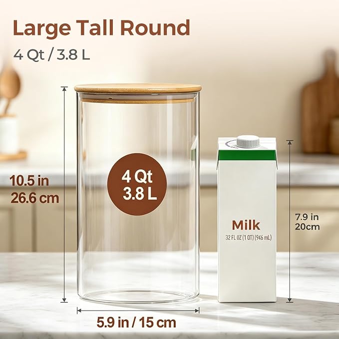 ComSaf Flour Sugar Storage Containers 4 Qt, 2 Pack Glass Flour Container | 26.6cm/10.5in Tall, 128oz/1 Gallon Large Glass Storage Containers, 15cm/5.9in Extra Wide Mouth, 4.6lb Flour Jar, BPA Free