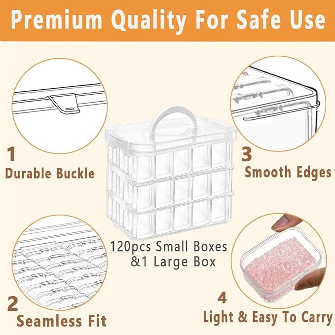 120pcs Bead Storagebead organizer boxes,3-Tier bead organizer boxes and craft storage boxes,Bead storage Stackable portable box,DIY Jewelry Craft Nails, Bracelets, Jewelry, (120pcs 2.09 x 1.57 x 0.8)