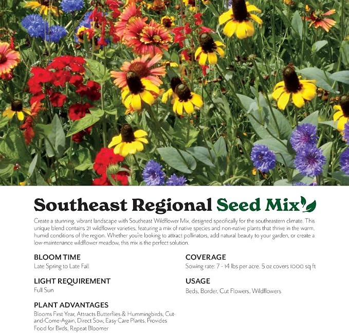 Grow Your Own Vibrant Annual and Perennial Wildflower Garden Seeds Mixture, Varieties for Pollinators and Spring Gardens - Southeast Regional Mix, 25 lbs