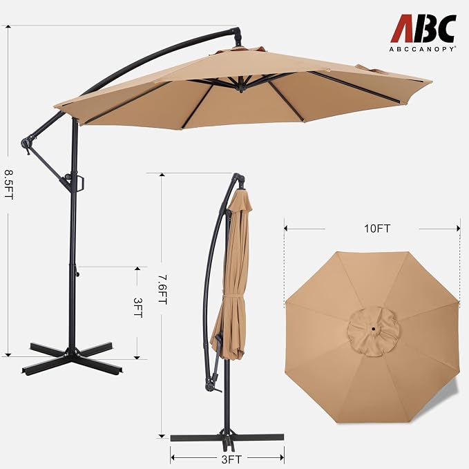 ABCCANOPY 10FT Cantilever Patio Umbrella with base included, 360° Rotation Outdoor Offset Umbrella for Backyard, Deck, Poolside (Khaki)