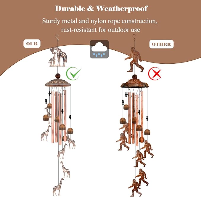 35" Giraffe Wind Chimes for Outside, Rustic Copper Mother & Baby Giraffe Silhouette Decor with 6 Pendants - Elegant Safari Memorial Windchime - Heartwarming Gift for Mom & Animal Lovers
